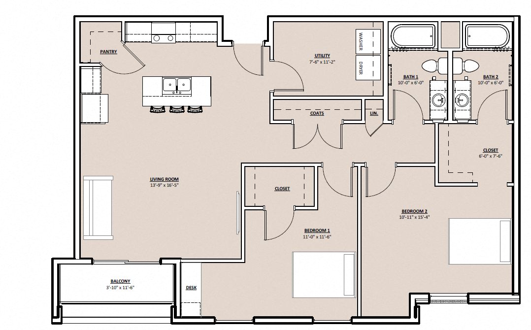 Floor plan for 2 beds, 2 baths, 1303 sqft
